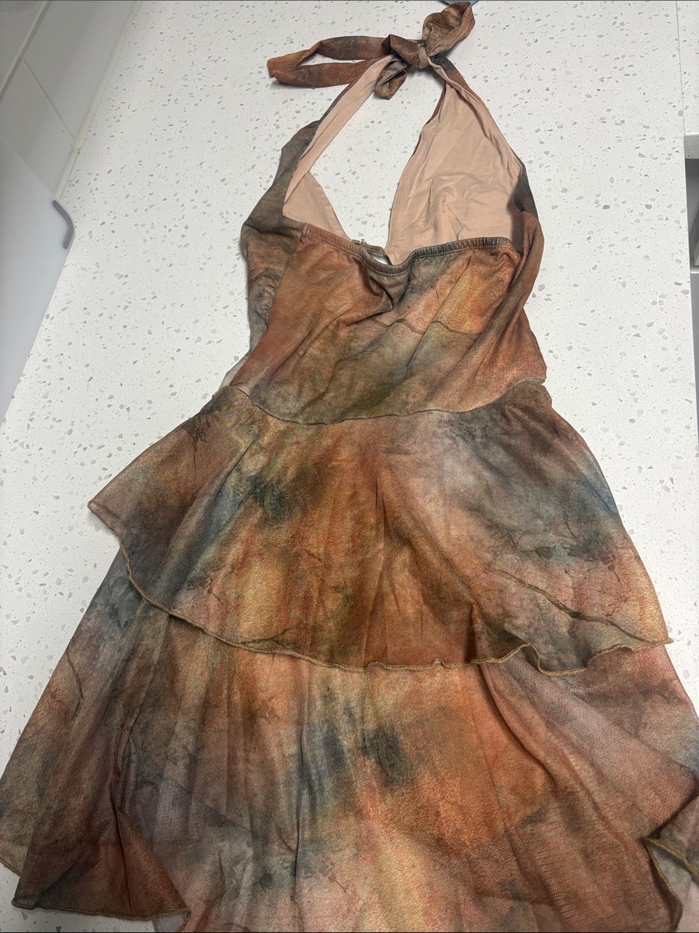 Sleeveless Plunge-Neck Tiered Mini Dress in Earth Tones - Picture 3 of 4